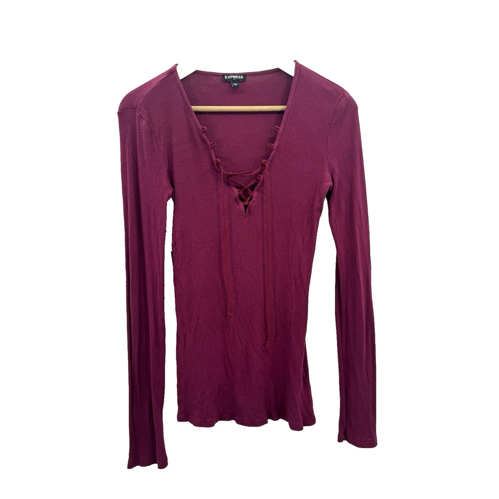 Y2K 90s Whimsigoth Express Deep V-Neck Lace Up Ribbed Top Medium Retro Fucshia